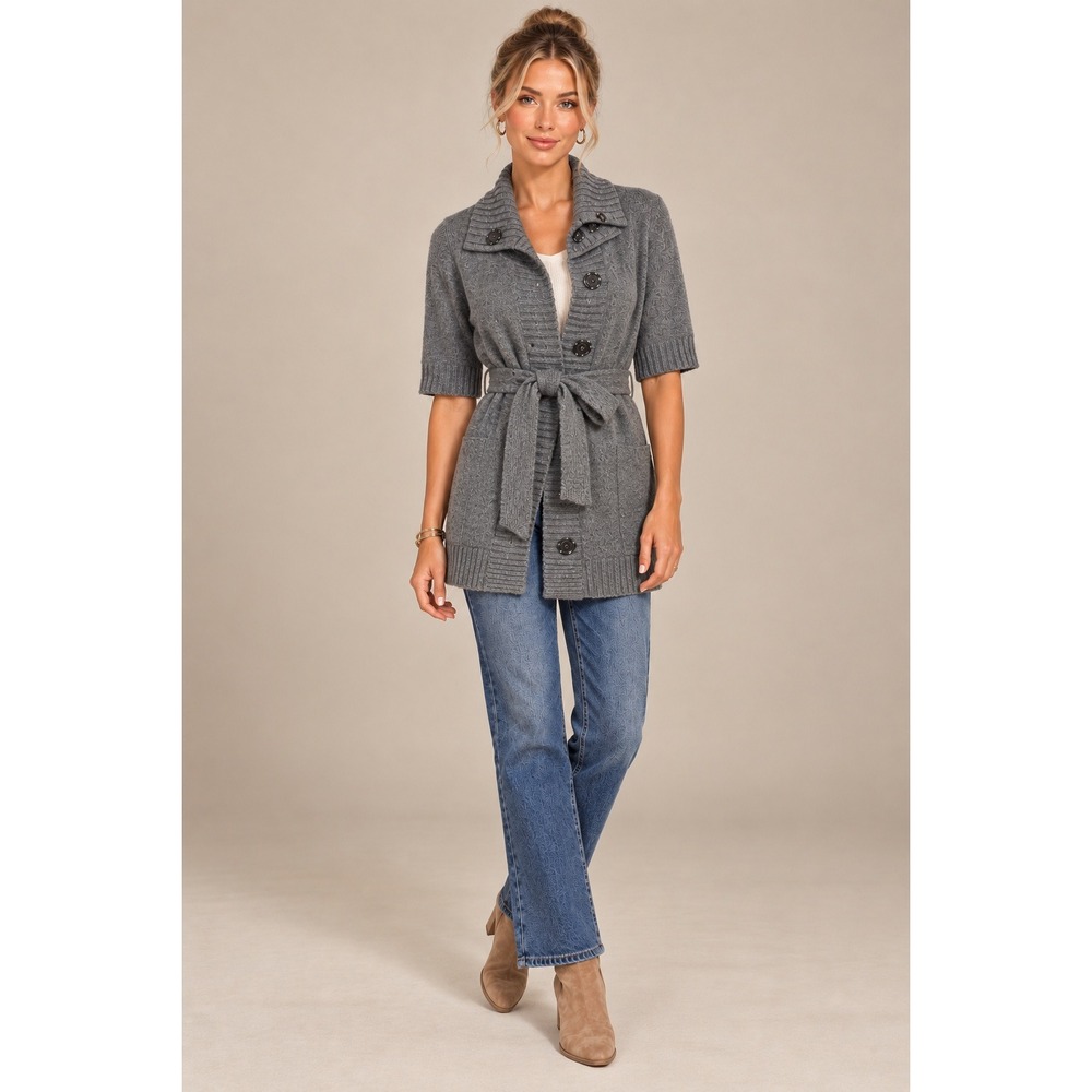 Banana Republic Women Grey Lambswool Cashmere Belted Cardigan Sweater S 606772